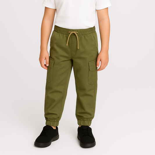 Basic Olive Green 6 Pocket Cargo Pant For Kids